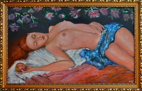 Dívka s jablkem, olej, 2018 Cena obrazu 15.000,-Kč. Rozměr obrazu (včetně rámu) 90x59 cm