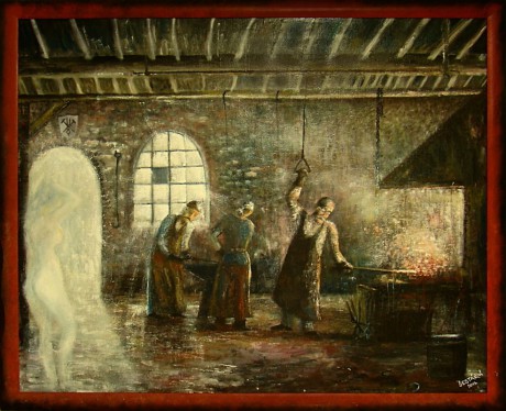 Můza na kovárně, olej 2012 Cena obrazu 18.000, -Kč. Rozměr obrazu  (včetně rámu) 107x87cm