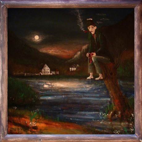 Vodník a měsíc, olej,  2008 Cena obrazu 3.500, - Kč. Rozměr obrazu  (včetně rámu) 38,5x39cm