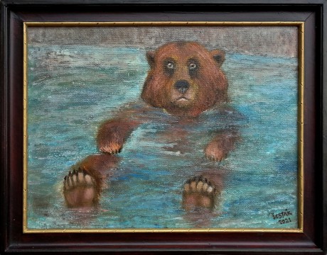 Berounský medvěd, kombinovaná technika, 2021 Cena obrazu 3.000, - Kč. Rozměr obrazu (včetně rámu)  46x37 cm