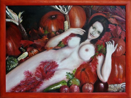 Dívka s dýněmi, olej, 2015 Cena obrazu 18.000, - Kč. Rozměr obrazu (včetně rámu)  90x67cm