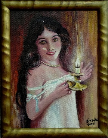 Dívka se svícnem, olej, 2021 Cena obrazu 5.000, - Kč. Rozměr obrazu (včetně rámu)  34,5x44,5 cm
