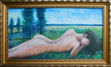V trávě (akt), olej, 2018 Cena obrazu 12.000,-Kč. Rozměr obrazu (včetně rámu) 87x52,5cm