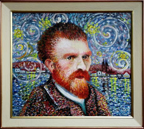Vincentova hvězdná noc, olej, akryl na plátně (lepený) 2019 Cena obrazu 10.000, - Kč. Rozměr obrazu (včetně rámu)  57x51cm