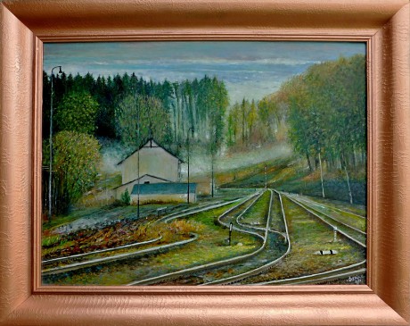 Mirošovské nádraží, olej, 2017 Cena obrazu 12.000,-Kč,94x74 cm