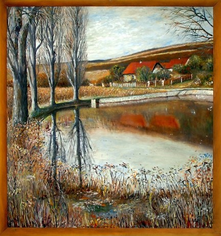 Předjaří na slavíckém rybníčku, olej, 2007 Cena obrazu 15.000, - Kč. Rozměr obrazu (včetně rámu)  95,5x102 cm