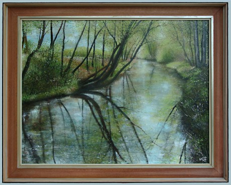 Říčka Vlčava za deště, olej, 2015 Cena obrazu 15.000,-Kč. Rozměr obrazu (včetně rámu) 87x70 cm