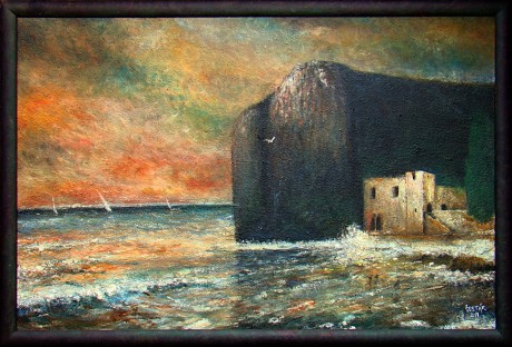 Sídlo hraběte Drákuly, olej, 2011 Cena obrazu 11.500, - Kč. Rozměr obrazu (včetně rámu)  72x48,5 cm