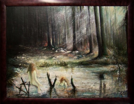 Víly u lesní tůně, olej, 2009 Cena obrazu 12.000,-Kč. Rozměr obrazu (včetně rámu) 86,5x67,5 cm