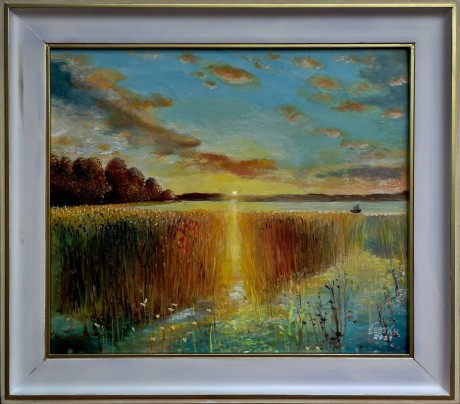 Západ slunce nad Padrťským rybníkem, olej, 2021 Cena obrazu 10.000, - Kč. Rozměr obrazu (včetně rámu)  65x58 cm