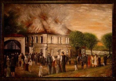 Požár obecné školy-Chodouň 1917, olej, 2007 