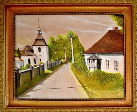  Kostel s farou v Mrtníku, akryl na plátně (lepený), 2019