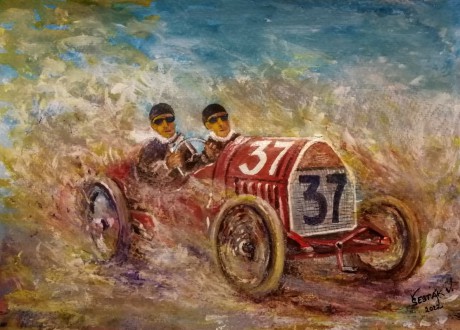 Závod Vanderbilt Cup Race 1909, akryl na čtvrtce, 2022
