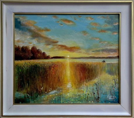 14. Západ slunce nad Padrťským rybníkem, olej, 2021