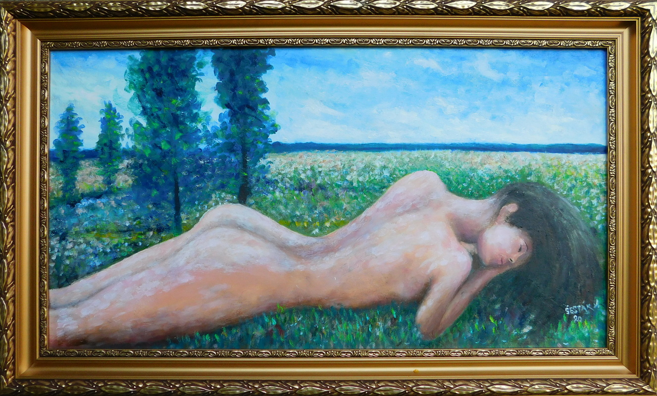 V trávě (akt), olej, 2018 Cena obrazu 12.000,-Kč. Rozměr obrazu (včetně rámu) 87x52,5cm