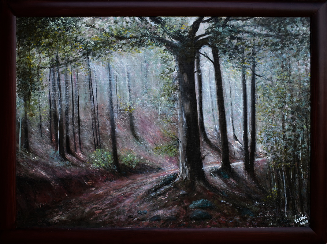 Lesní šerosvit, olej na plátně, 2020 Cena obrazu 12.000, - Kč. Rozměr obrazu (včetně rámu)  76,5x57 cm