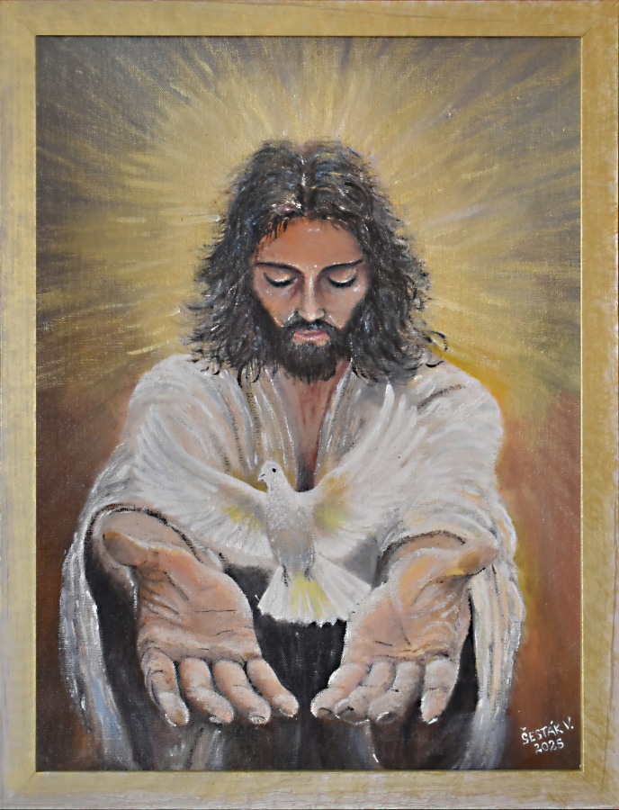 17. Ježíš a holubice, akryl, 2025