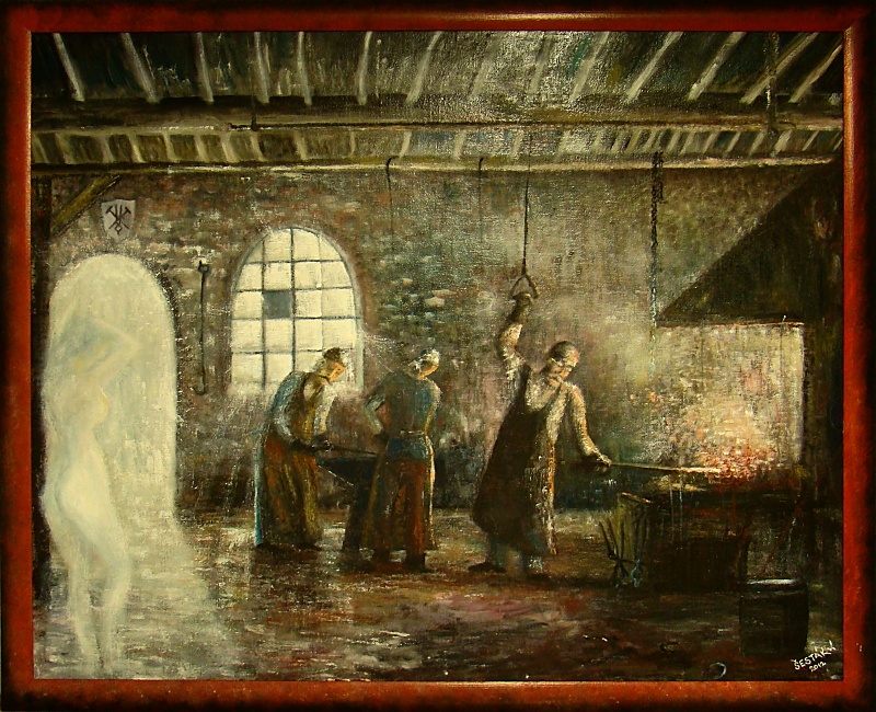 Můza na kovárně, olej na plátně (lepený), 2012