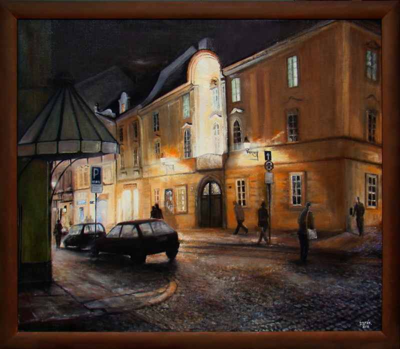 Noční Plzeň, Prešovská ulice, olej, 2010 (Galerie Plzeň) K prodeji, cena 14.500,-Kč