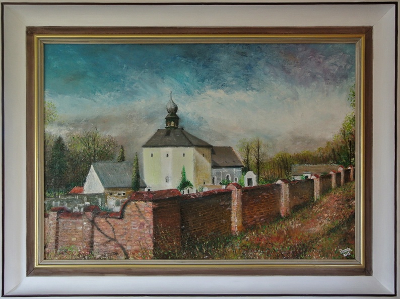 Kostel sv. Jana Křtitele na Velízi, olej na plátně (lepený), 2015