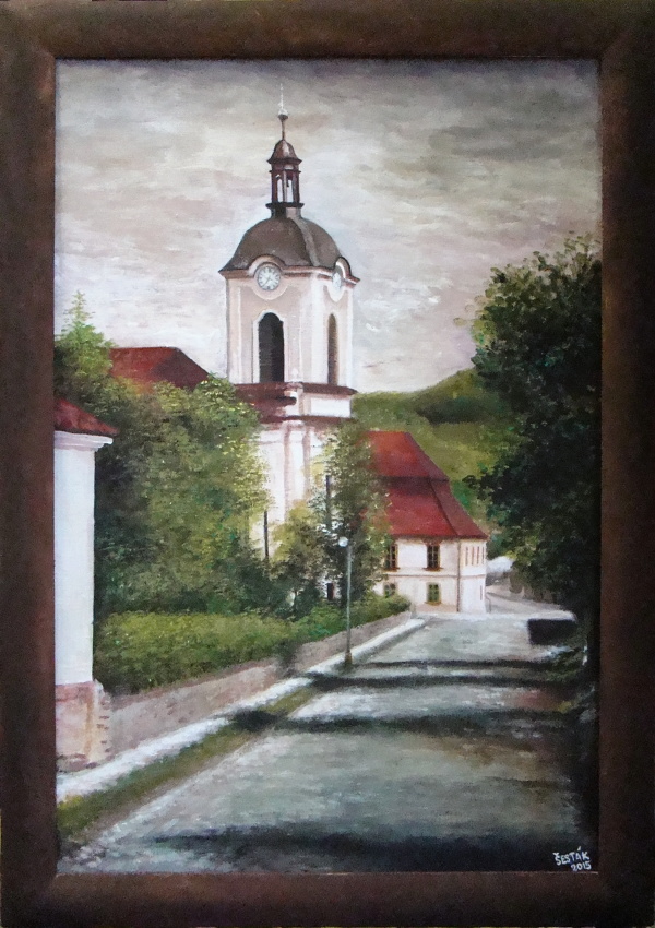 9. Kostel od Zdíkova náměstí, tempera, 2015 rám