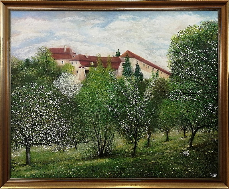 Starý zámek Hořovice od zámecké zahrady, olej na plátně (lepený), 2017