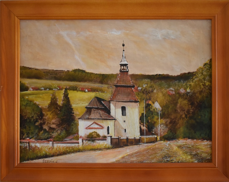 Kostel Panny Marie v Mrtníku, akryl na plátně (lepený), 2019