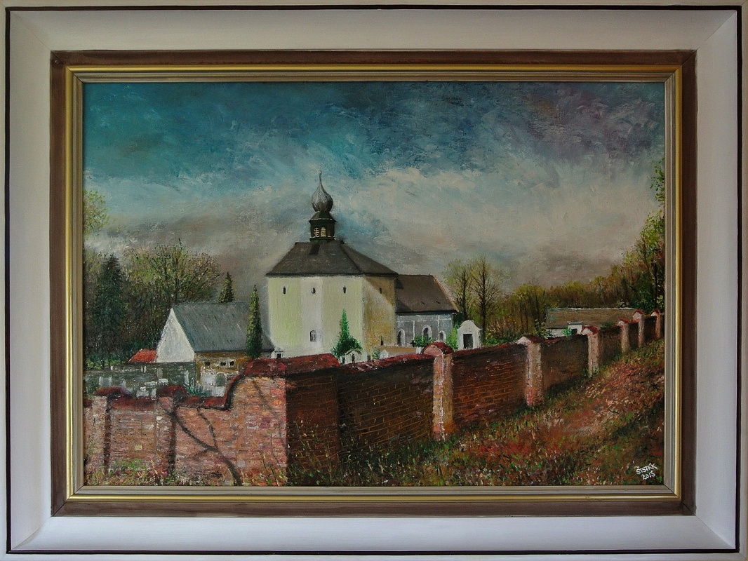 Kostel sv. Jana Křtitele na Velízi, olej, 2015,cena 12.000, - Kč 77x58cm